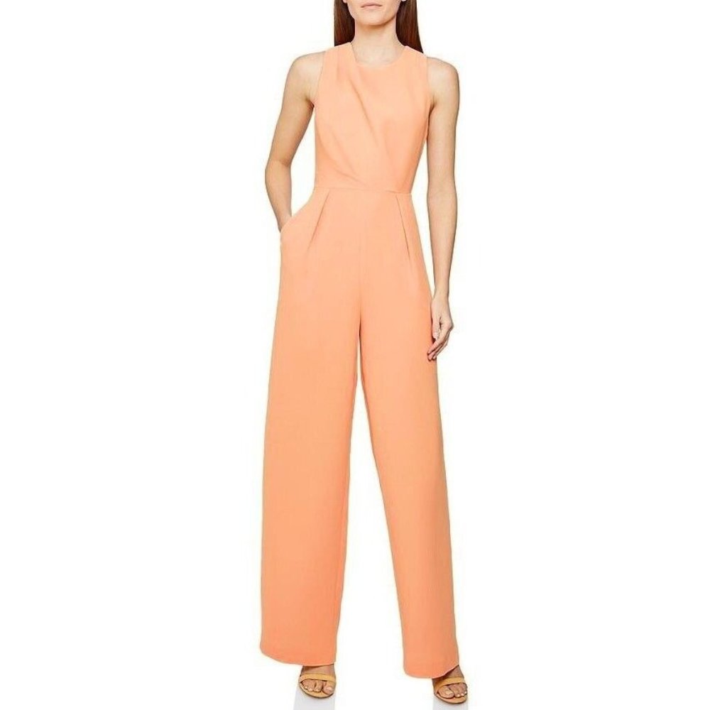 NEW REISS Womens Orange Chey Cut Out Jumpsuit High Waist Wide Leg Pleated Size 8 - Picture 1 of 11